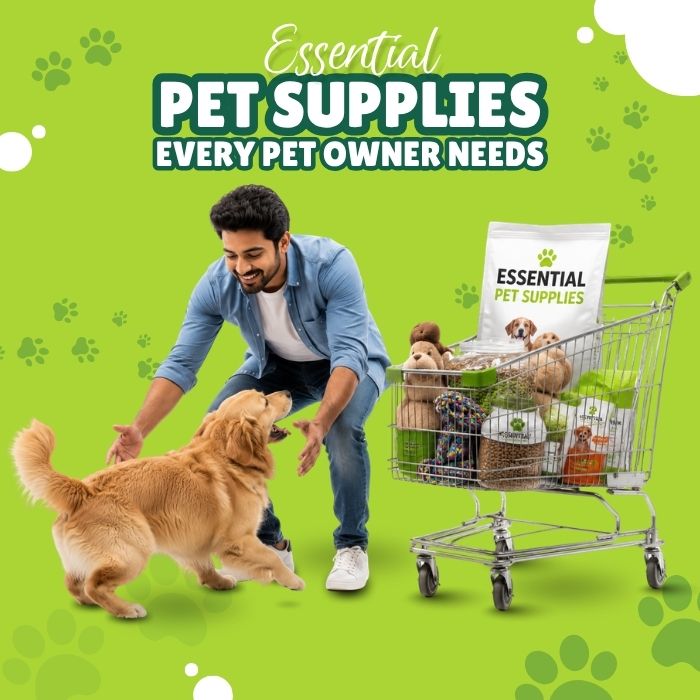 Essential pet supplies for dogs and cats including food, toys, bed, leash, and grooming items